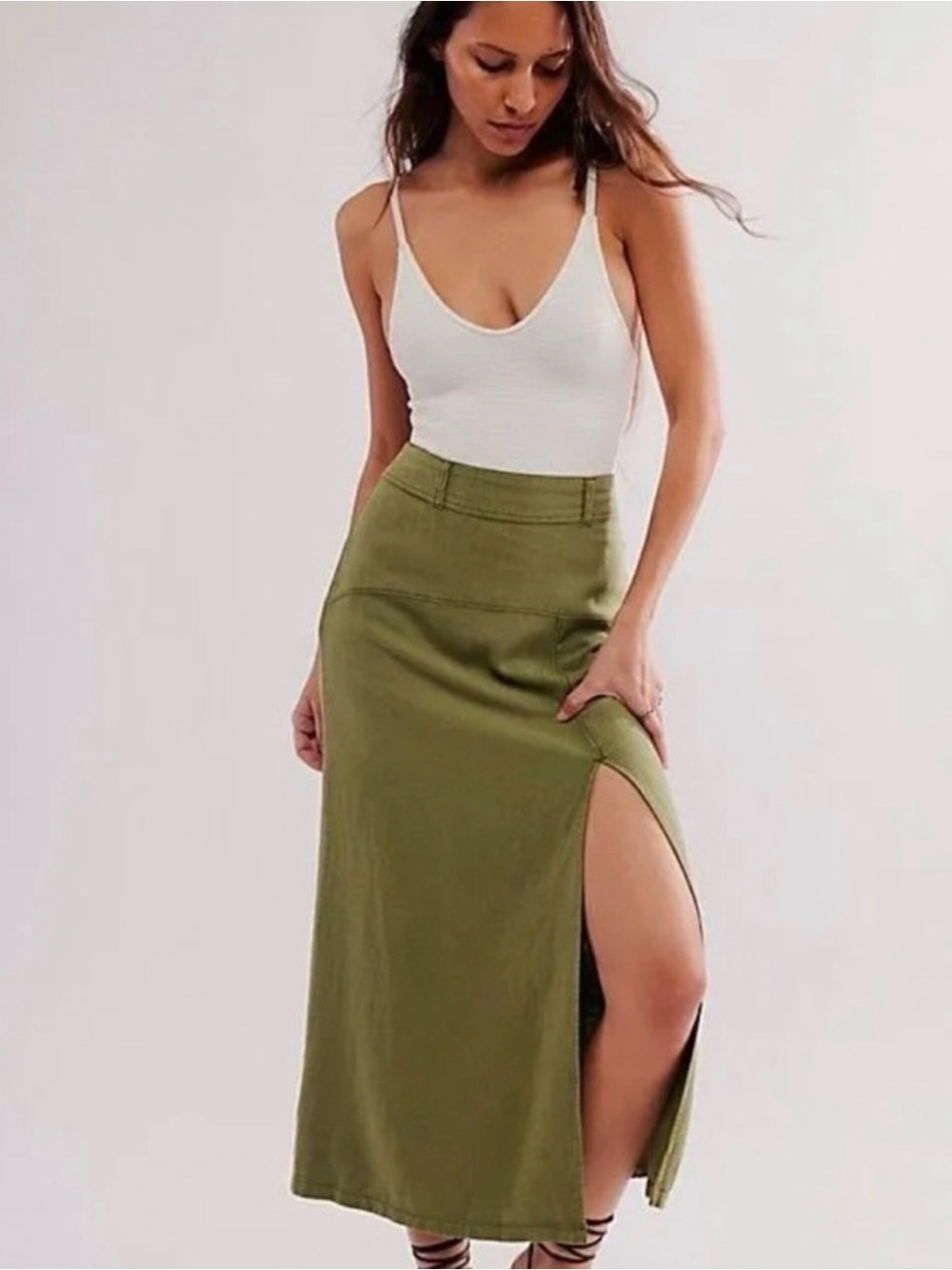 NWT Free People Isla Linen Maxi Skirt Garden Snake Olive Green